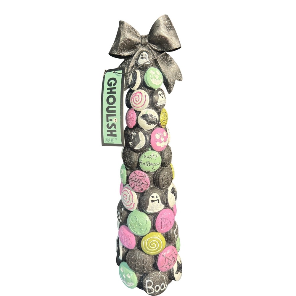 Ghoulish Halloween Macaron Cone Tree Pastel Spooky Tabletop Decor Bow Topper NWT